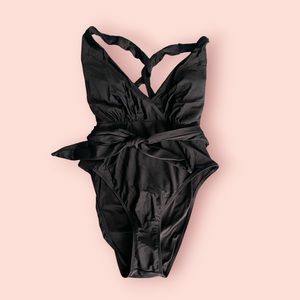 Brianne Tie Front Plunging One Piece Swimsuit Black XL